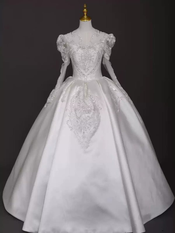 Elegant Satin Wedding Dress Long Sleeve - Vintage Ball Gown Wedding Dress - Vintage Long Sleeve Wedding Dress with Embellished Plus Size