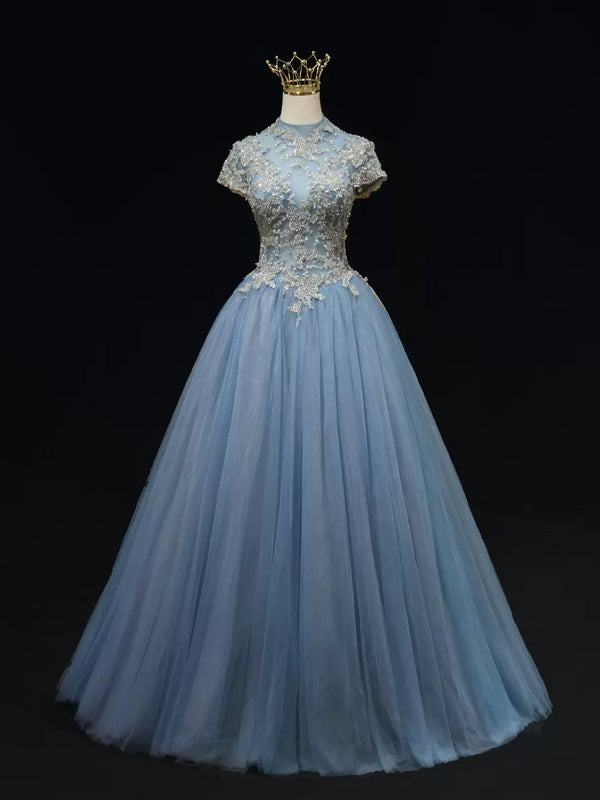 Light Blue High-Neck Tulle Ball Gown Wedding Dress - Embellished Wedding Dress - Aline Ball Gown Wedding Dress Plus Size