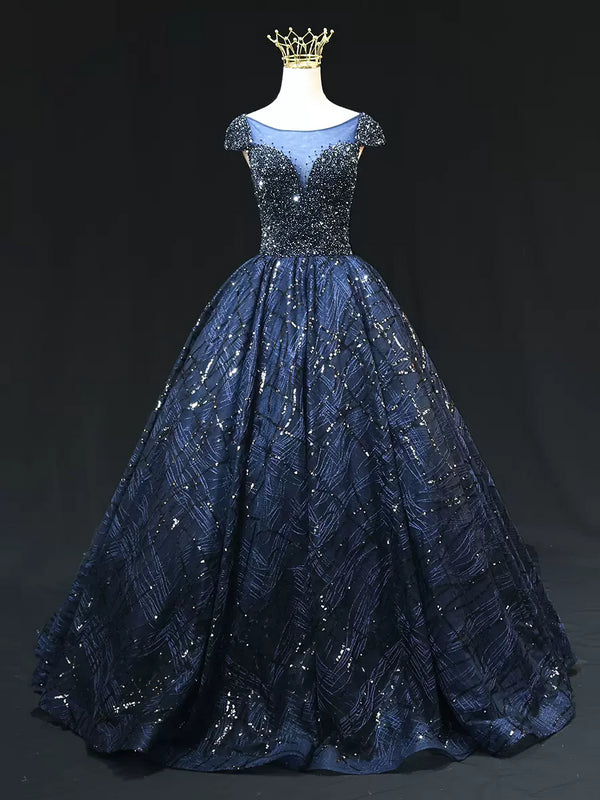Gothic Royal Blue Tulle Ball Gown Wedding Dress - Cap Sleeve Dress - Royal Blue Prom Dress Plus Size