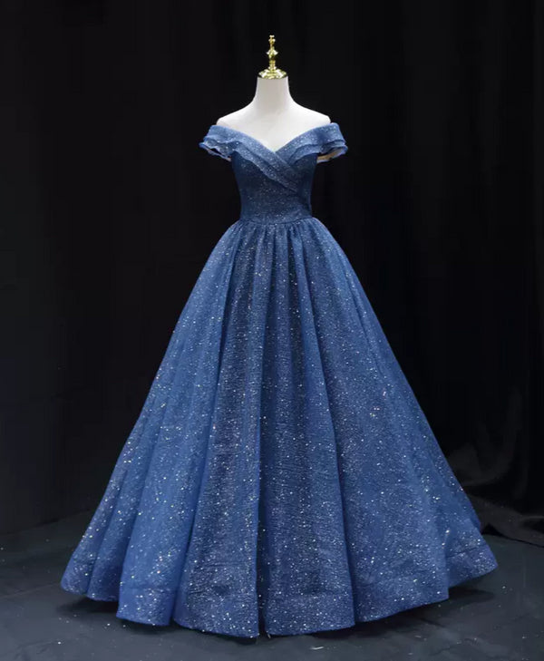 Gothic Royal Blue Tulle Ball Gown Wedding Dress - Off-Shoulder Wedding Dress - Corset Back Dress - Strapless Glitter Dress Plus Size