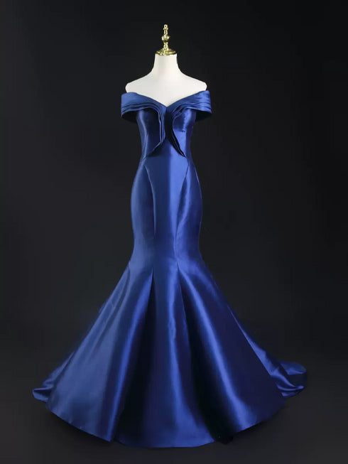 Royal Blue Satin Mermaid Wedding Dress - Off-Shoulder Wedding Dress - Corset Wedding Dress Plus Size