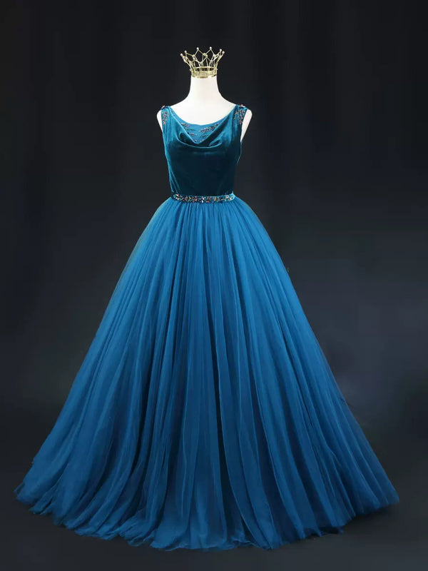 Gothic Royal Blue Velvet Wedding Dress with Tulle - Sleeveless Evening Dress - Aline Ball Gown Wedding Dress Plus Size