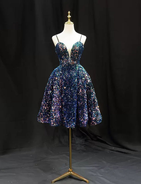 Navy Blue Sequin Cocktail Dress - Pretty Sequin Dress with Plunge Neckline - Spaghetti Strap Dress Plus Size