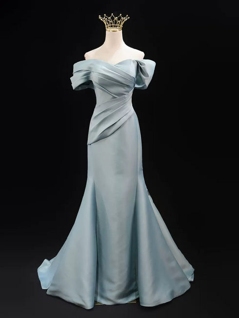 Light Blue Silk and Satin Wedding Dress - Off-Shoulder Wedding Dress - Blue Mermaid Gown with Bow Back Plus Size