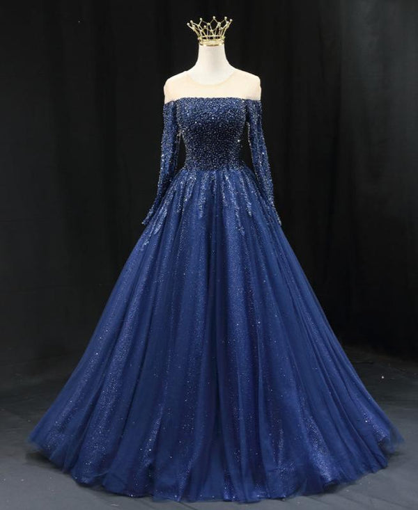 Gothic Navy Blue Off-Shoulder Wedding Dress - Designer Sequin Gown - Long Sleeve Wedding Dress Plus Size