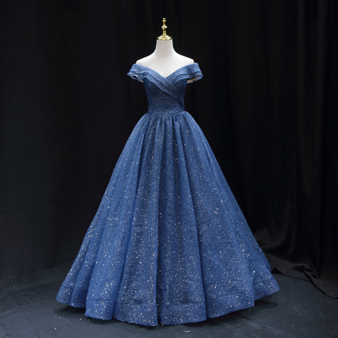 Gothic Royal Blue Tulle Ball Gown Wedding Dress - Off-Shoulder Wedding Dress - Corset Back Dress - Strapless Glitter Dress Plus Size