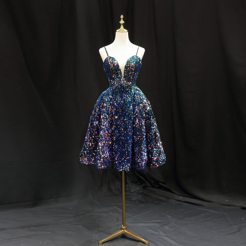 Navy Blue Sequin Cocktail Dress - Pretty Sequin Dress with Plunge Neckline - Spaghetti Strap Dress Plus Size