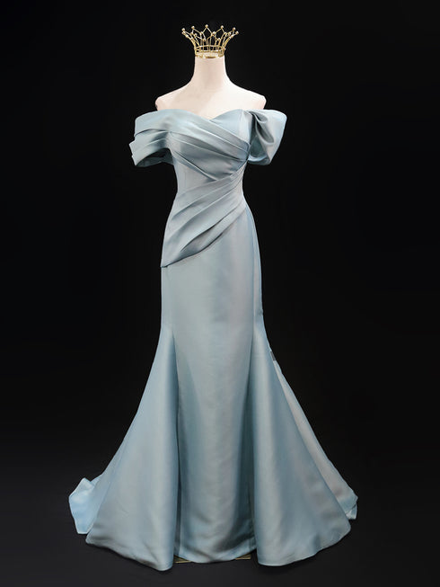 Light Blue Silk and Satin Wedding Dress - Off-Shoulder Wedding Dress - Blue Mermaid Gown with Bow Back Plus Size