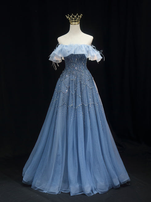 Blue Off-Shoulder Wedding Dress - Blue Tulle Ball Gown Wedding Dress - Sequin and Feather dress Plus Size