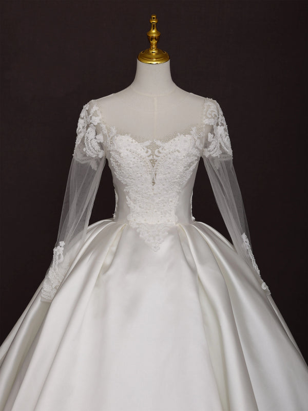 Lace Wedding Dress with Long Sleeves – Satin Wedding Dresses Long Sleeve with Sheer Illusion Bodice – Corset Wedding Dress Plus Size