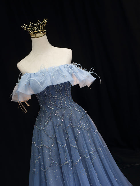Blue Off-Shoulder Wedding Dress - Blue Tulle Ball Gown Wedding Dress - Sequin and Feather dress Plus Size