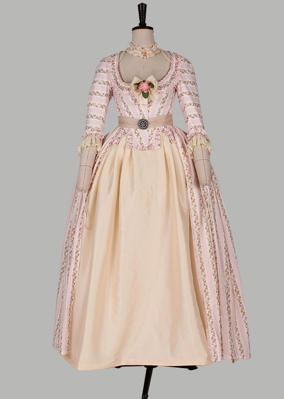 Pink Striped Rococo Dress with Floral Accents - 18th Century Ball Gown - Plus Size