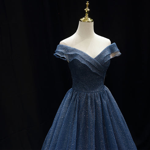 Gothic Royal Blue Tulle Ball Gown Wedding Dress - Off-Shoulder Wedding Dress - Corset Back Dress - Strapless Glitter Dress Plus Size