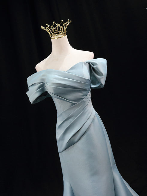 Light Blue Silk and Satin Wedding Dress - Off-Shoulder Wedding Dress - Blue Mermaid Gown with Bow Back Plus Size