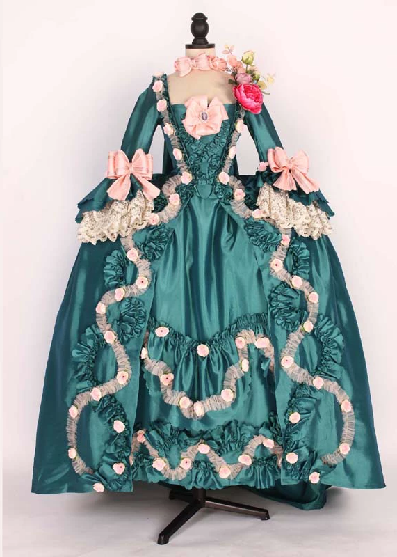 Teal Rococo Marie Antoinette Dress with Pink Floral Bows - 18th Century Ball Gown - Plus Size