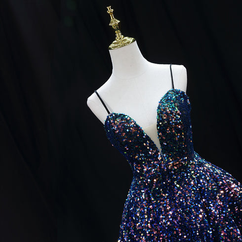 Navy Blue Sequin Cocktail Dress - Pretty Sequin Dress with Plunge Neckline - Spaghetti Strap Dress Plus Size