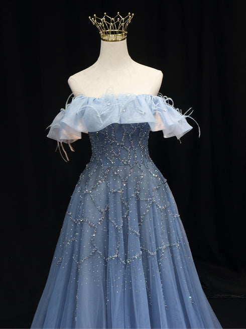 Blue Off-Shoulder Wedding Dress - Blue Tulle Ball Gown Wedding Dress - Sequin and Feather dress Plus Size