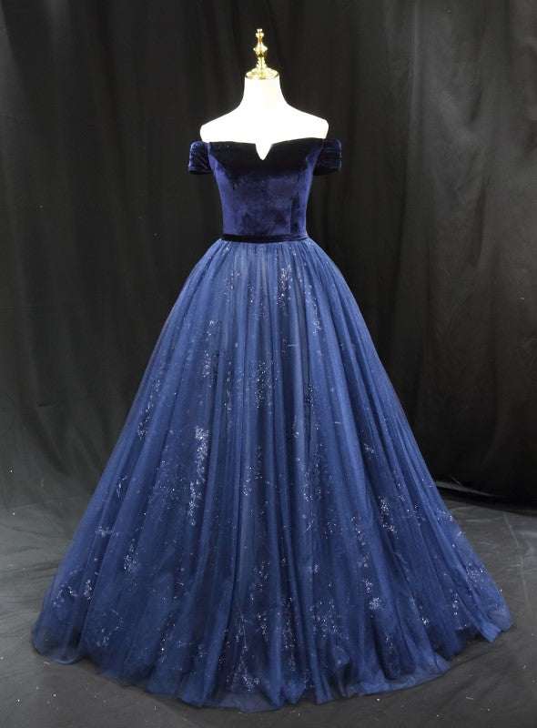 Gothic Royal Blue Off-Shoulder Velvet and Tulle Ball Gown Wedding Dress - Corset Back Wedding Dress Plus Size