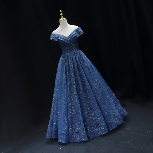 Gothic Royal Blue Tulle Ball Gown Wedding Dress - Off-Shoulder Wedding Dress - Corset Back Dress - Strapless Glitter Dress Plus Size