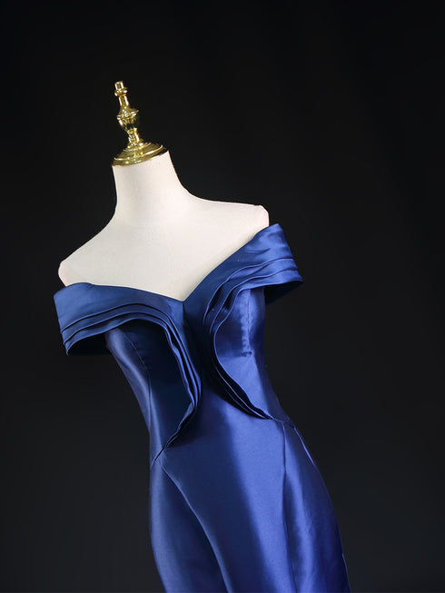 Royal Blue Satin Mermaid Wedding Dress - Off-Shoulder Wedding Dress - Corset Wedding Dress Plus Size