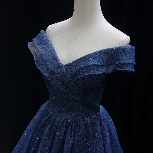 Gothic Royal Blue Tulle Ball Gown Wedding Dress - Off-Shoulder Wedding Dress - Corset Back Dress - Strapless Glitter Dress Plus Size