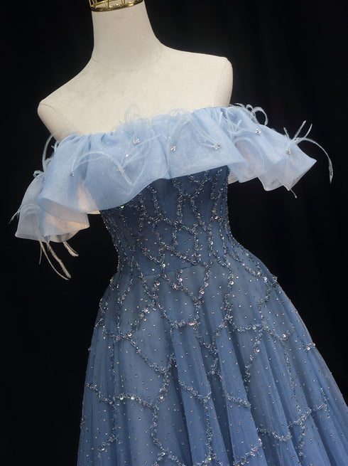 Blue Off-Shoulder Wedding Dress - Blue Tulle Ball Gown Wedding Dress - Sequin and Feather dress Plus Size