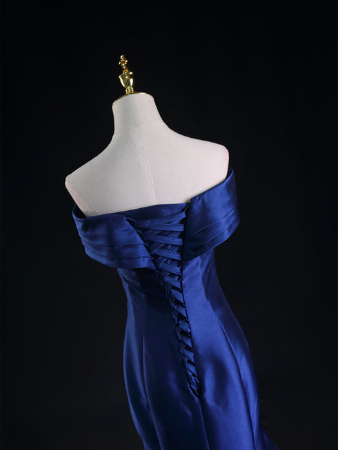 Royal Blue Satin Mermaid Wedding Dress - Off-Shoulder Wedding Dress - Corset Wedding Dress Plus Size