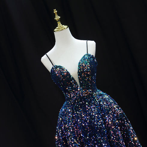 Navy Blue Sequin Cocktail Dress - Pretty Sequin Dress with Plunge Neckline - Spaghetti Strap Dress Plus Size