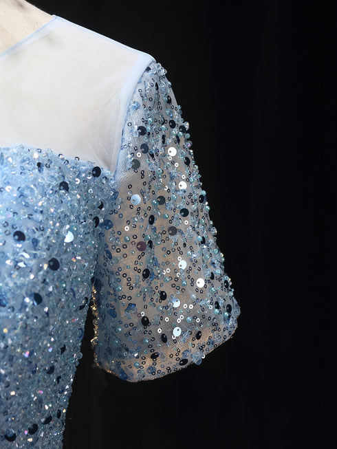 Light Blue Short Tulle Wedding Dress - Pretty Sequin Dress - Embellished Dress with Sleeves Plus Size