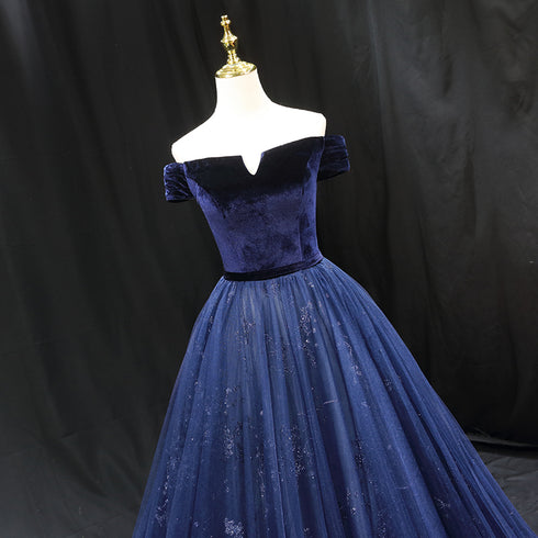 Gothic Royal Blue Off-Shoulder Velvet and Tulle Ball Gown Wedding Dress - Corset Back Wedding Dress Plus Size