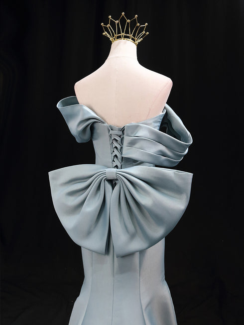 Light Blue Silk and Satin Wedding Dress - Off-Shoulder Wedding Dress - Blue Mermaid Gown with Bow Back Plus Size
