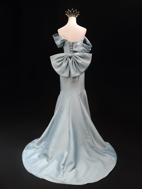 Light Blue Silk and Satin Wedding Dress - Off-Shoulder Wedding Dress - Blue Mermaid Gown with Bow Back Plus Size