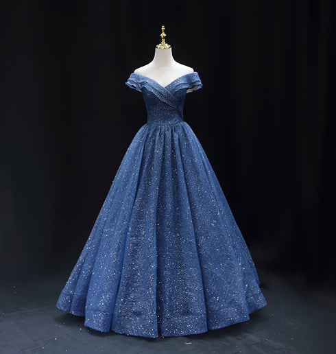 Gothic Royal Blue Tulle Ball Gown Wedding Dress - Off-Shoulder Wedding Dress - Corset Back Dress - Strapless Glitter Dress Plus Size