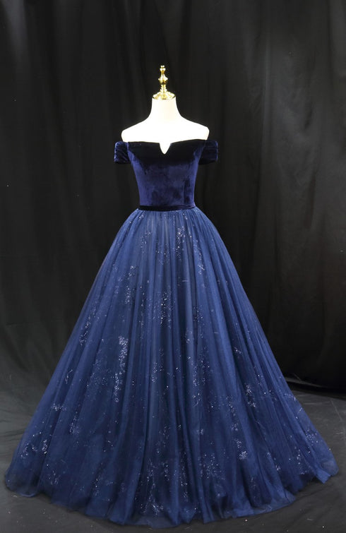 Gothic Royal Blue Off-Shoulder Velvet and Tulle Ball Gown Wedding Dress - Corset Back Wedding Dress Plus Size