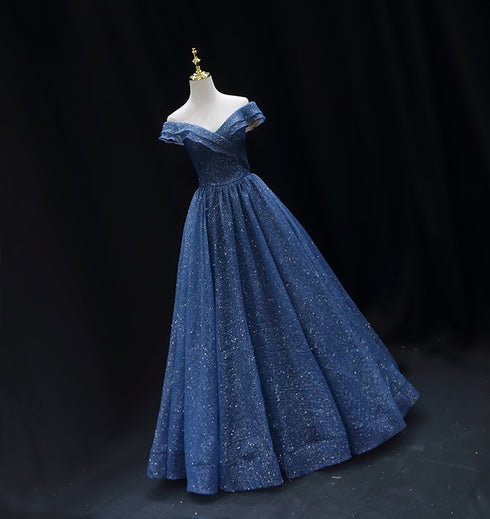 Gothic Royal Blue Tulle Ball Gown Wedding Dress - Off-Shoulder Wedding Dress - Corset Back Dress - Strapless Glitter Dress Plus Size