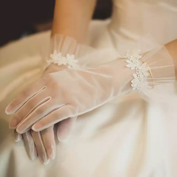 White Bridal Tulle Wedding Gloves – Floral Ruffle Cuff Gloves