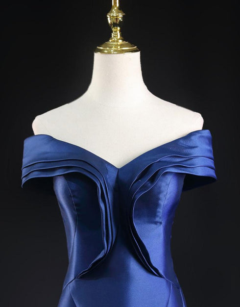 Royal Blue Satin Mermaid Wedding Dress - Off-Shoulder Wedding Dress - Corset Wedding Dress Plus Size
