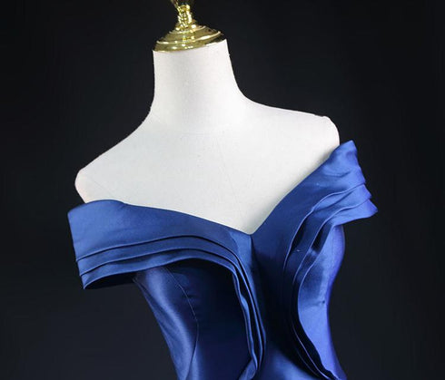 Royal Blue Satin Mermaid Wedding Dress - Off-Shoulder Wedding Dress - Corset Wedding Dress Plus Size