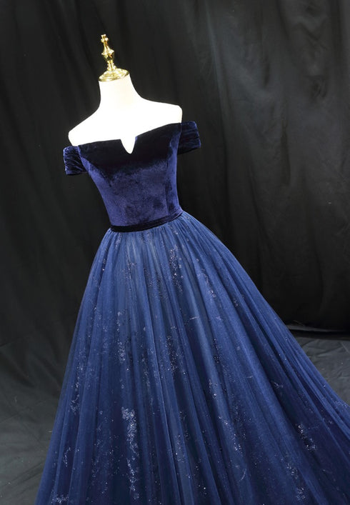 Gothic Royal Blue Off-Shoulder Velvet and Tulle Ball Gown Wedding Dress - Corset Back Wedding Dress Plus Size