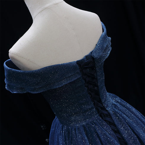 Gothic Royal Blue Tulle Ball Gown Wedding Dress - Off-Shoulder Wedding Dress - Corset Back Dress - Strapless Glitter Dress Plus Size