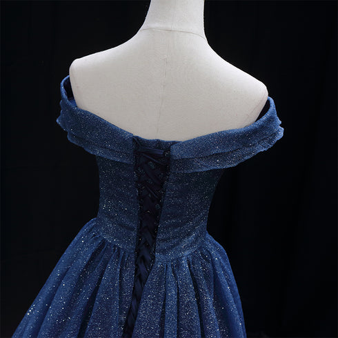 Gothic Royal Blue Tulle Ball Gown Wedding Dress - Off-Shoulder Wedding Dress - Corset Back Dress - Strapless Glitter Dress Plus Size