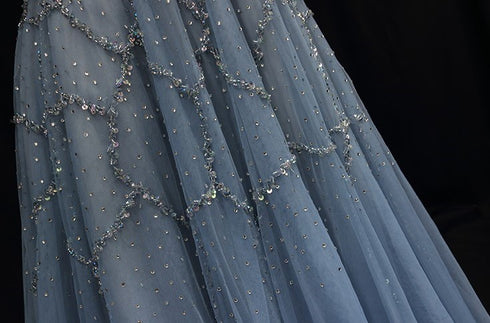 Blue Off-Shoulder Wedding Dress - Blue Tulle Ball Gown Wedding Dress - Sequin and Feather dress Plus Size