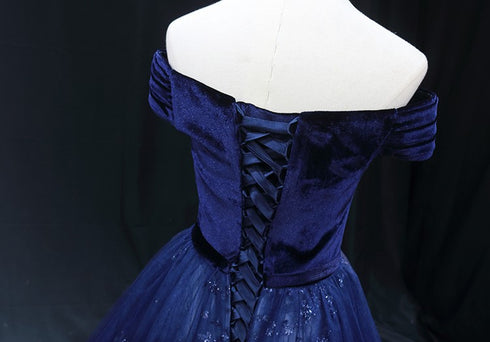 Gothic Royal Blue Off-Shoulder Velvet and Tulle Ball Gown Wedding Dress - Corset Back Wedding Dress Plus Size