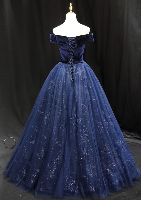 Gothic Royal Blue Off-Shoulder Velvet and Tulle Ball Gown Wedding Dress - Corset Back Wedding Dress Plus Size
