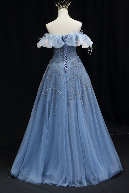 Blue Off-Shoulder Wedding Dress - Blue Tulle Ball Gown Wedding Dress - Sequin and Feather dress Plus Size