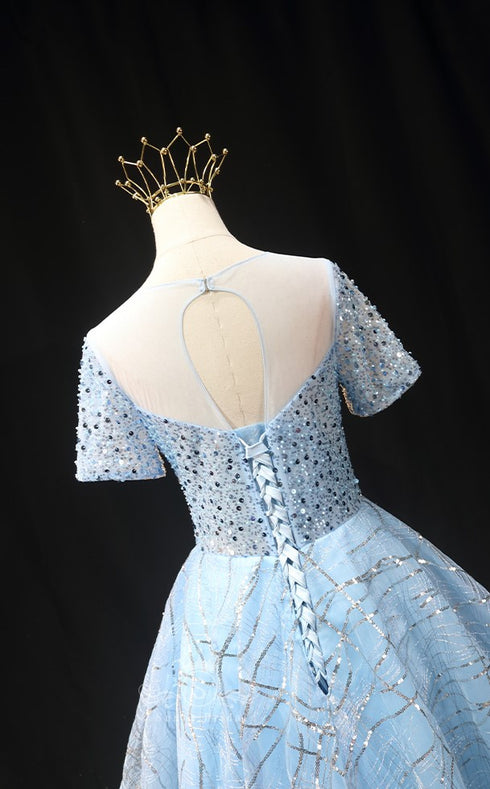 Light Blue Short Tulle Wedding Dress - Pretty Sequin Dress - Embellished Dress with Sleeves Plus Size