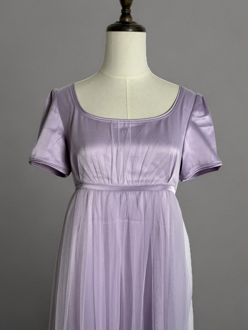 Bridgerton Lilac Regency Era Dress with Short Sleeves and Sheer Overlay – Regency-Inspired Gown Plus Size