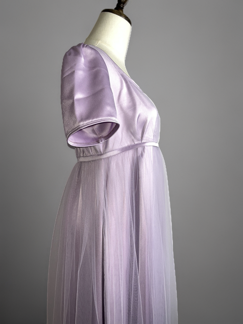 Bridgerton Lilac Regency Era Dress with Short Sleeves and Sheer Overlay – Regency-Inspired Gown Plus Size