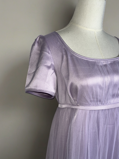 Bridgerton Lilac Regency Era Dress with Short Sleeves and Sheer Overlay – Regency-Inspired Gown Plus Size