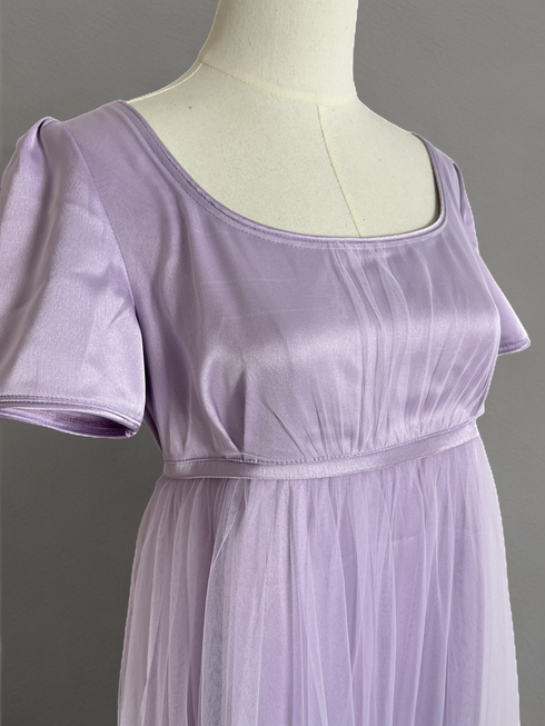 Bridgerton Lilac Regency Era Dress with Short Sleeves and Sheer Overlay – Regency-Inspired Gown Plus Size